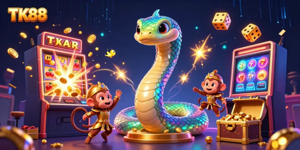 Experience the excitement of TK88 with a vibrant, dynamic casino illustration featuring sparkling slot machines and colorful characters.