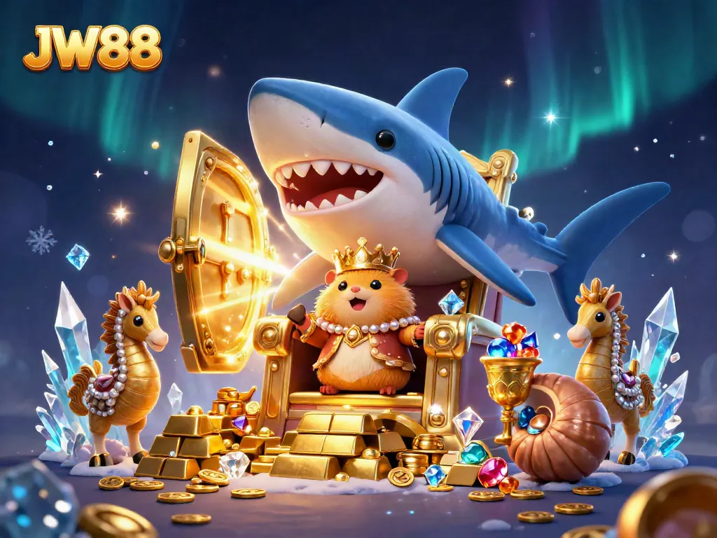 Experience adventurous gaming with JW88 featuring a golden hamster king on a shark throne amidst treasures.
