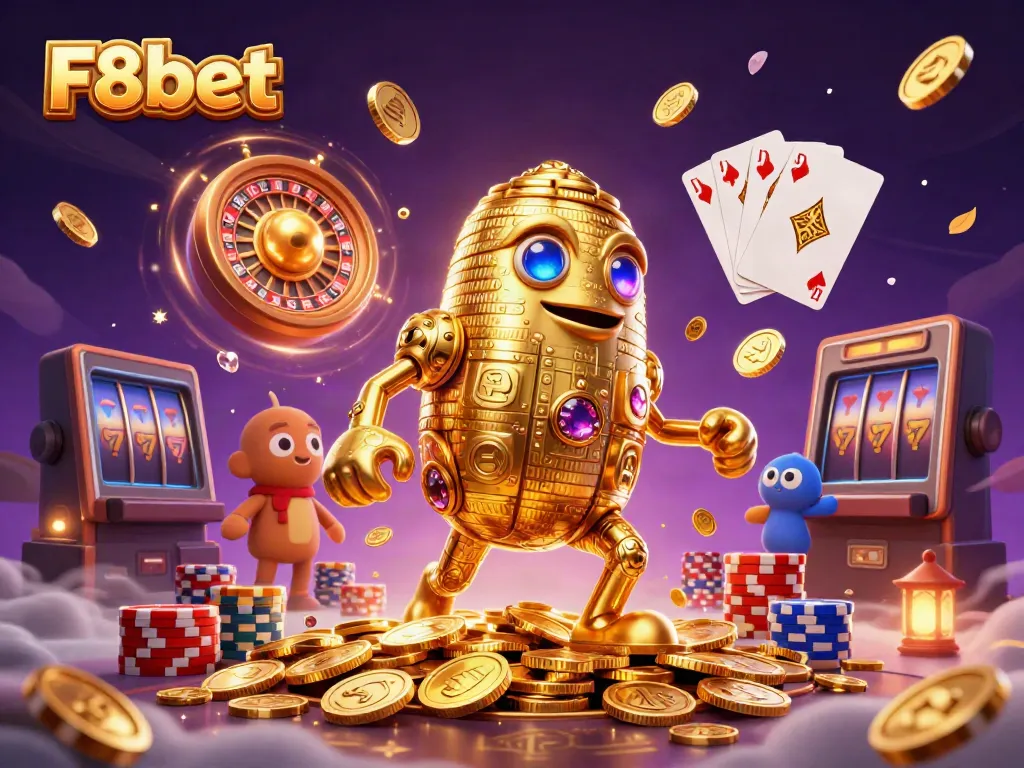 Win big with F8bet as cascading coins and vibrant casino elements create a thrilling atmosphere.