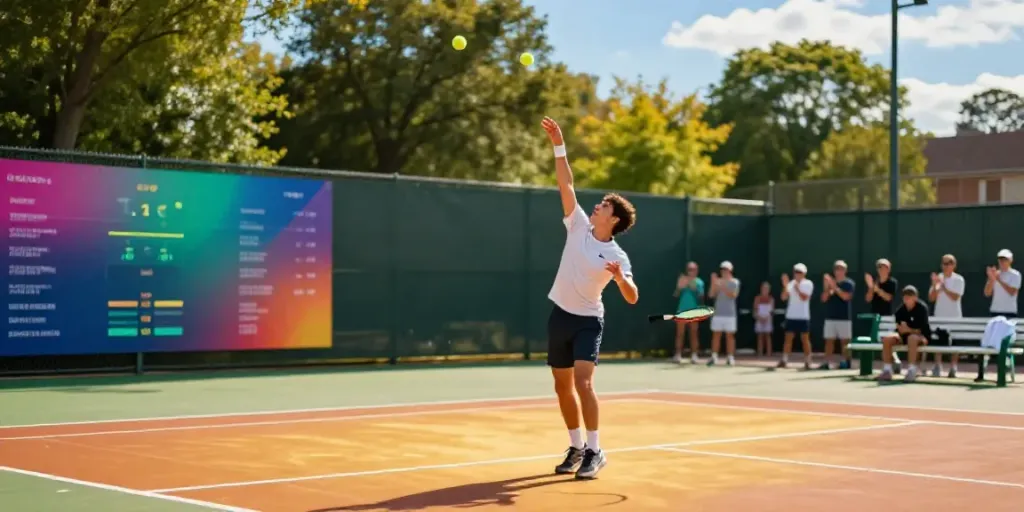 Dynamic outdoor scene of a player practicing tennis serves, demonstrating the tennis prediction algorithm.