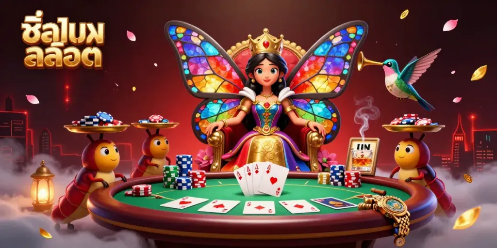 Engage in the thrilling game atmosphere of ชื่อเกมสล็อต featuring a butterfly queen and poker elements.