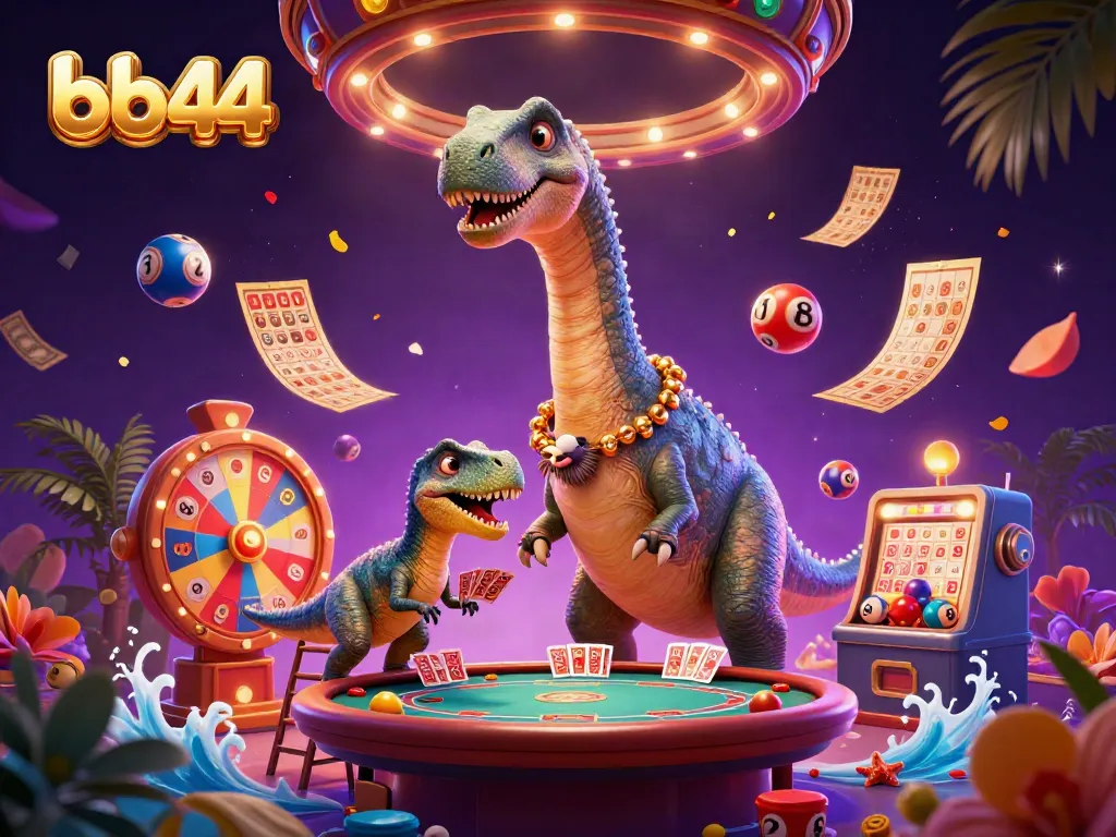 Engage with the thrilling bb44 gaming experience in a vibrant casino world featuring playful dinosaurs.