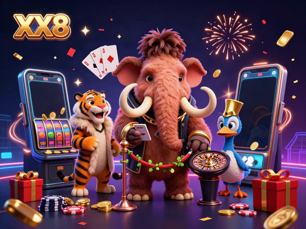 Experience XX8 gaming excitement with colorful slots and vibrant casino characters.