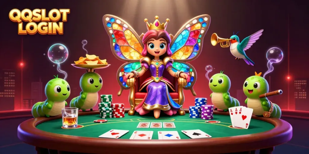 Experience QQSLOT LOGIN with a vibrant illustration featuring a butterfly queen and poker scenes.
