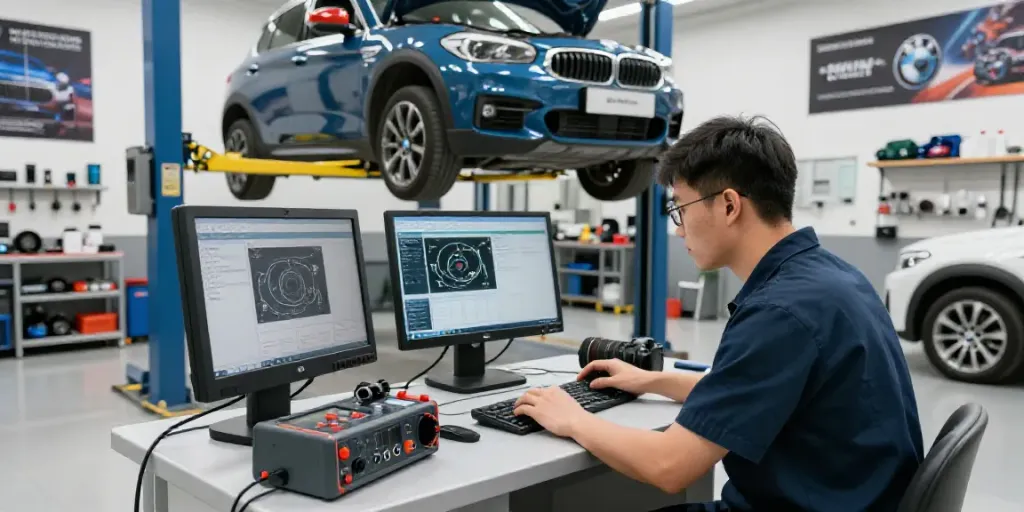Expert BMW werkstatt hannover technician diagnosing an engine in a professional automotive service shop.