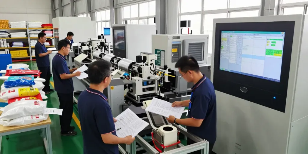Technicians assembling packaging equipment in a manufacturing facility, showcasing the role of a packaging equipment manufacturer.