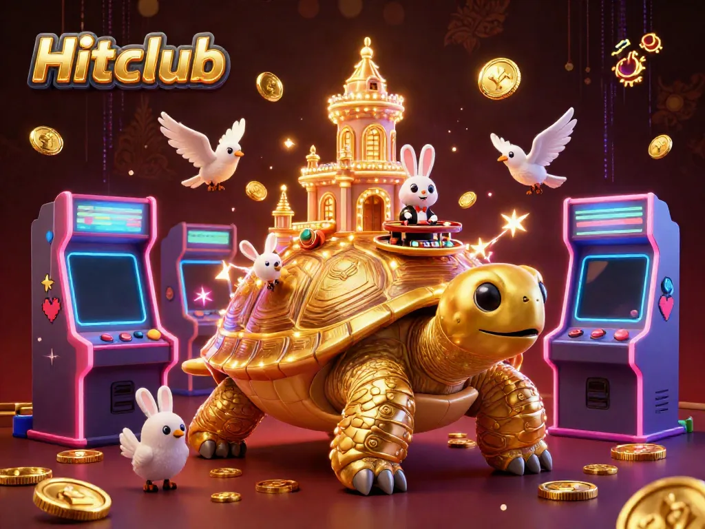 Play lively casino games with Hitclub, featuring a golden tortoise casino and energetic elements.