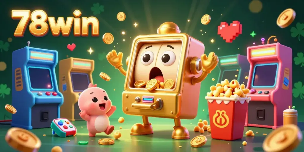 Celebrate wins with 78win in a vibrant 3D casino scene featuring a golden slot machine hitting the jackpot.