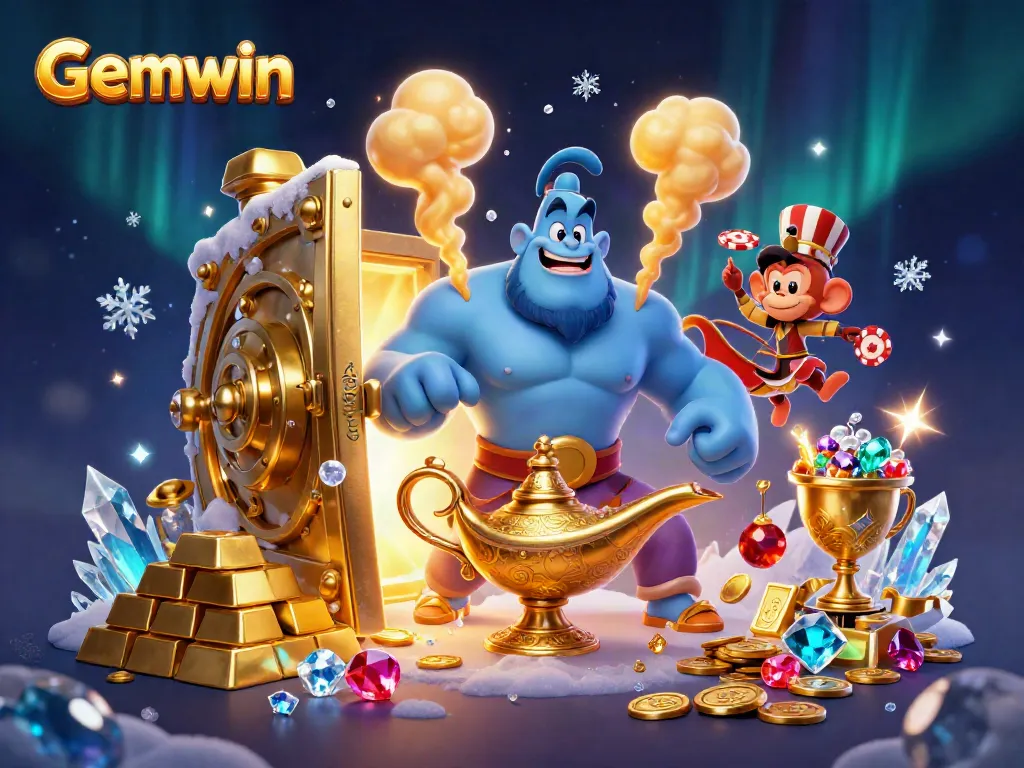 Gemwin features a vibrant scene with a genie, monkey, and magic carpet amidst a treasure vault, symbolizing luck and opulence.