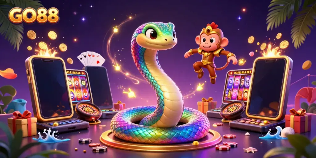Experience the vibrant GO88 gaming world with colorful slot games and dynamic characters.