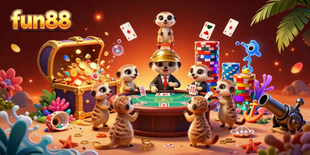 Engage with fun88 in a vibrant casino scene featuring meerkats playing cards and sneaking chips.