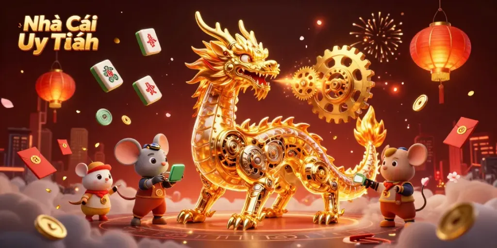 Engage with the dynamic scene featuring Nhà Cái Uy Tín's golden dragon and vibrant casino elements.