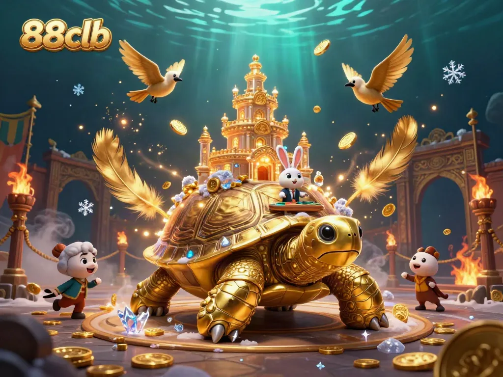 Experience the vibrant 88clb casino scene with a golden tortoise and rabbit dealer amidst flying coins.