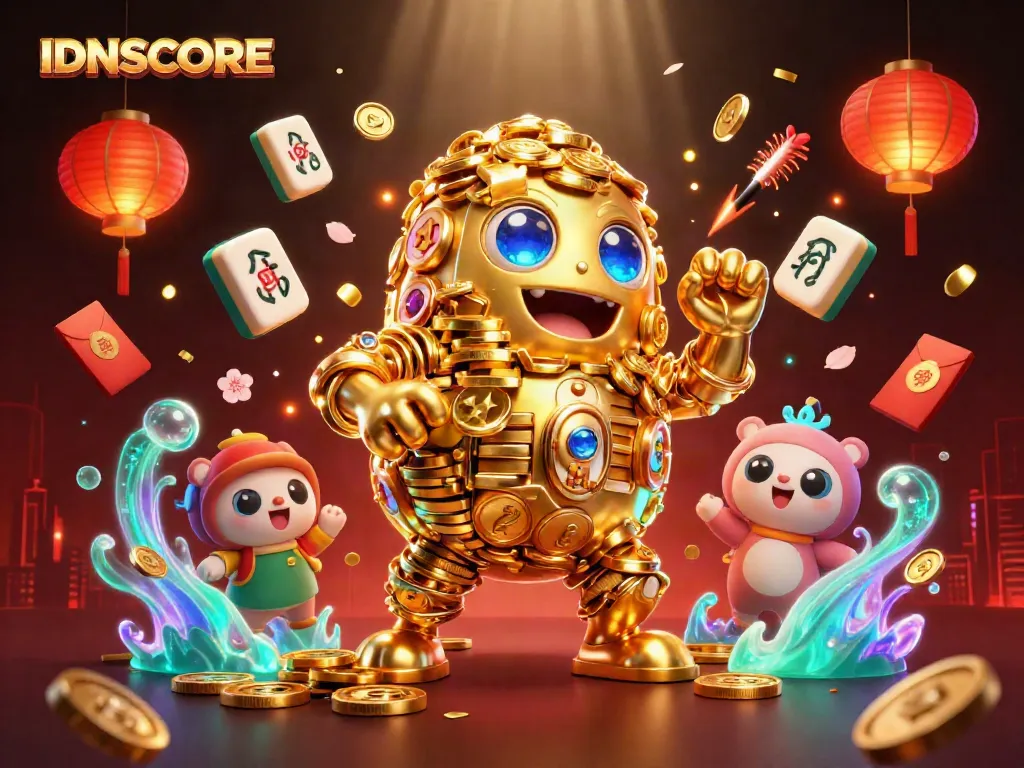Experience thrilling gameplay at IDNSCORE with a spectacular 3D rendering of a golden golem surrounded by vibrant casino elements.