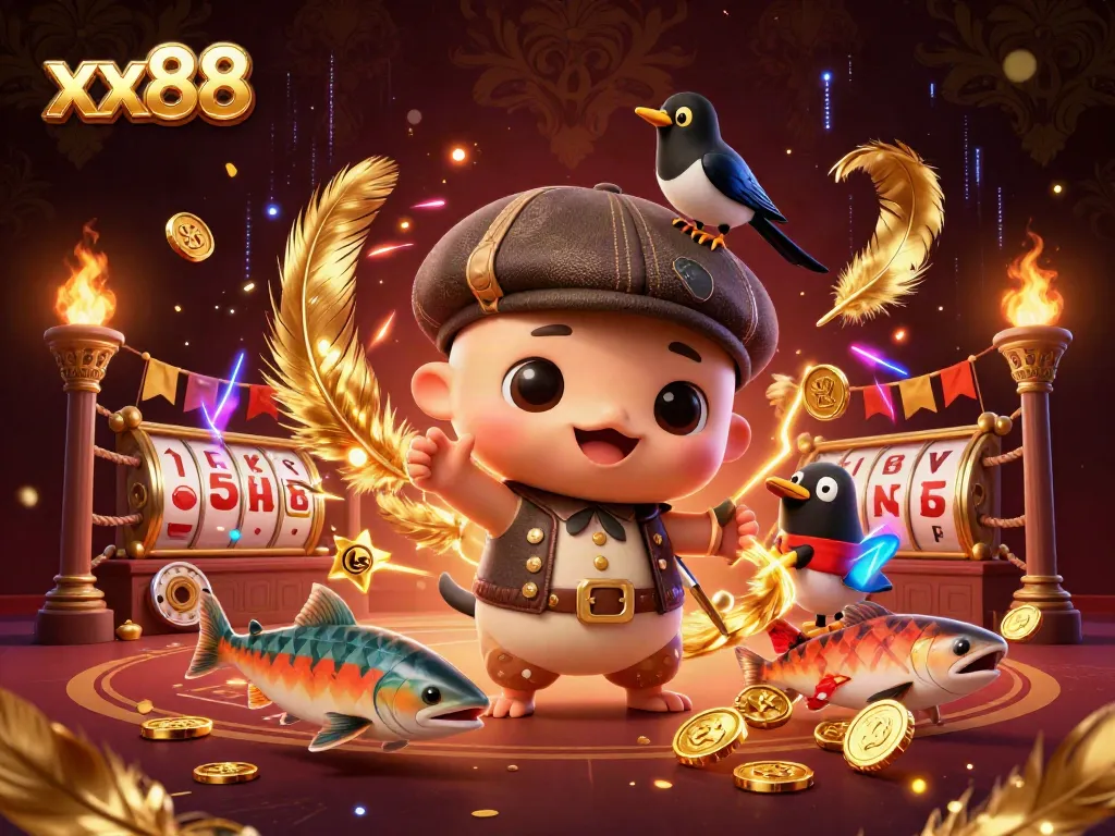 Engage with the playful xx88 cartoon scene filled with gambling elements, depicting a cute baby Nessie and gold coins.