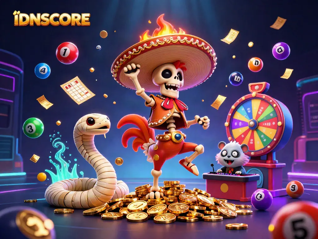 Experience the lively world of IDNSCORE with a vibrant victory scene featuring a dancing mariachi rooster amidst casino elements.