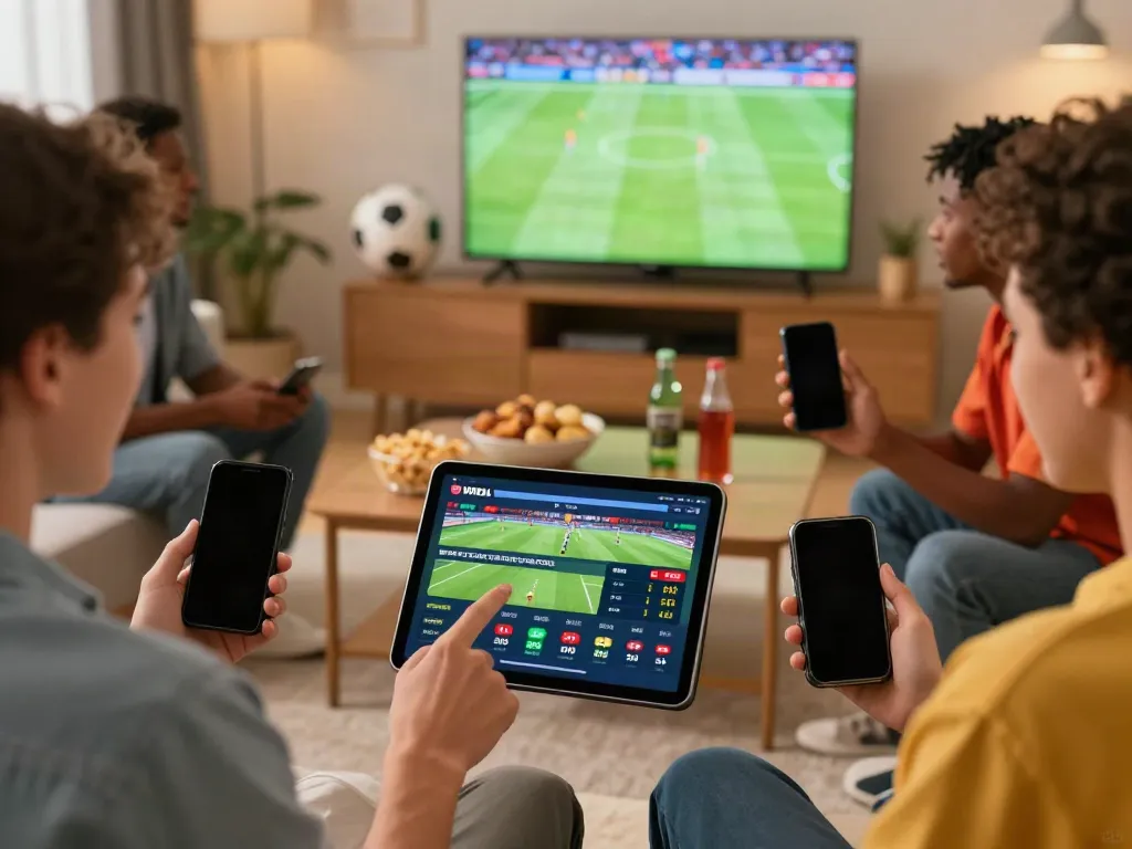 Friends engaging with WWBOLA sports betting platform in a lively living room.