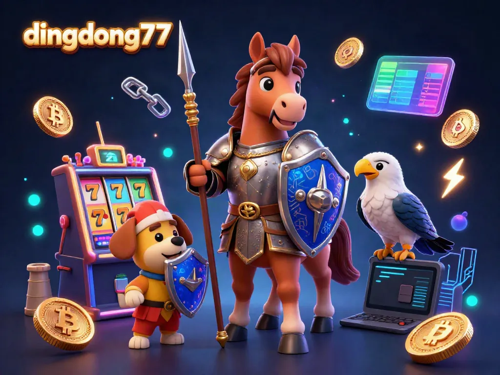 Engage with the thrilling world of dingdong77, featuring a knight, puppy, and falcon amidst dynamic casino elements.