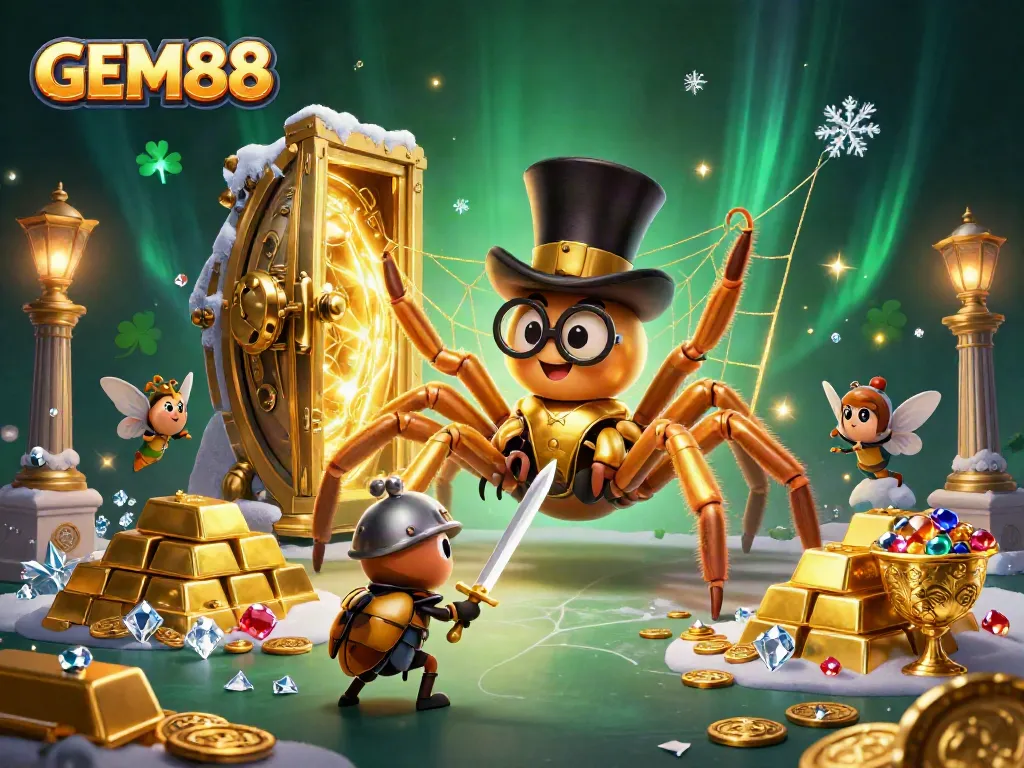 Experience GEM88 in a vibrant 3D scene featuring a golden tarantula and beetle knight amid a casino backdrop.
