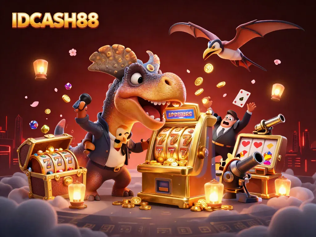 IDCASH88 generates excitement with a pachycephalosaurus hitting a golden slot machine while coins rain down in a vibrant casino scene.