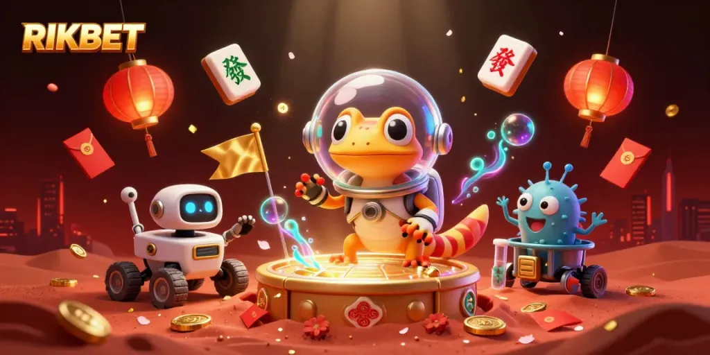 Experience RIKBET's cosmic adventure with a Martian gecko uncovering a golden casino.