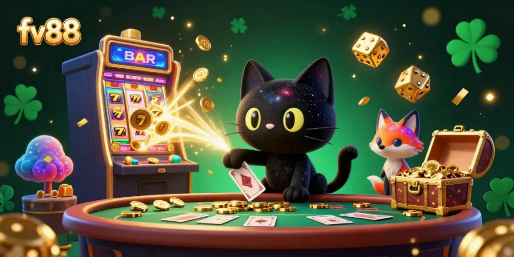 Engage with fv88's vibrant casino scene featuring cosmic characters attracting golden winnings.