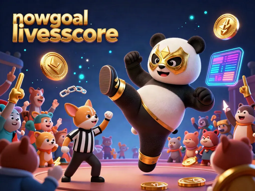 Experience thrilling action with nowgoal livescore, as a panda wrestler takes center stage amidst a vibrant crowd and dynamic crypto elements.