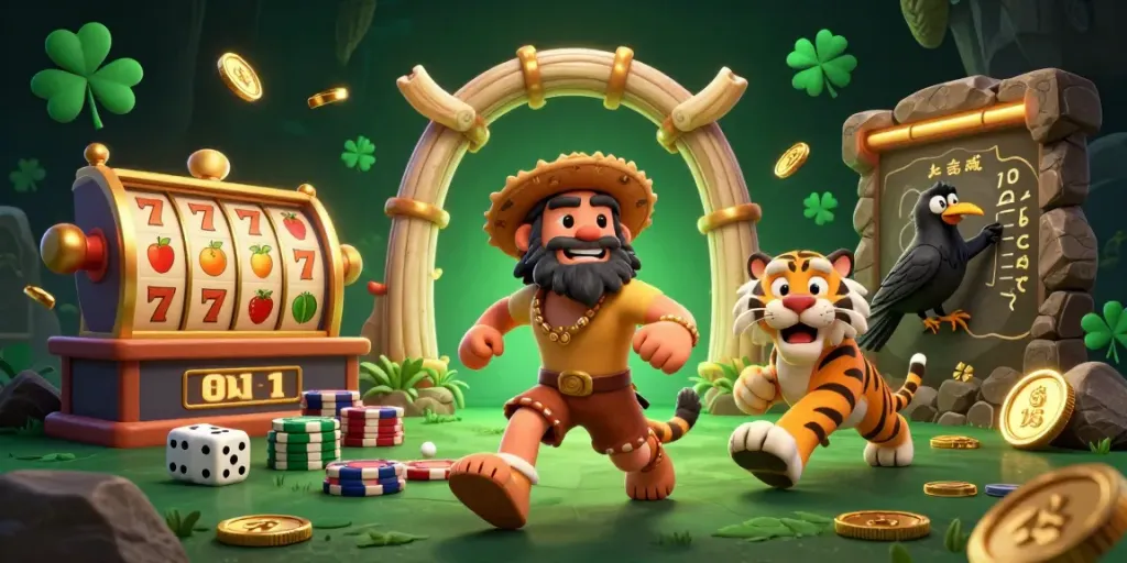 Join PG55's thrilling casino adventure with a caveman duo and their clever crow, surrounded by vibrant slot elements.