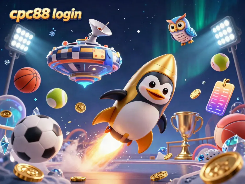 Experience seamless access with cpc88 login to a golden penguin heading to a casino space station.