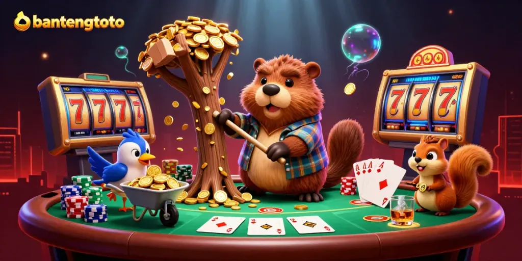 Experience the excitement at bantengtoto with a dazzling illustrated casino scene filled with vibrant characters.