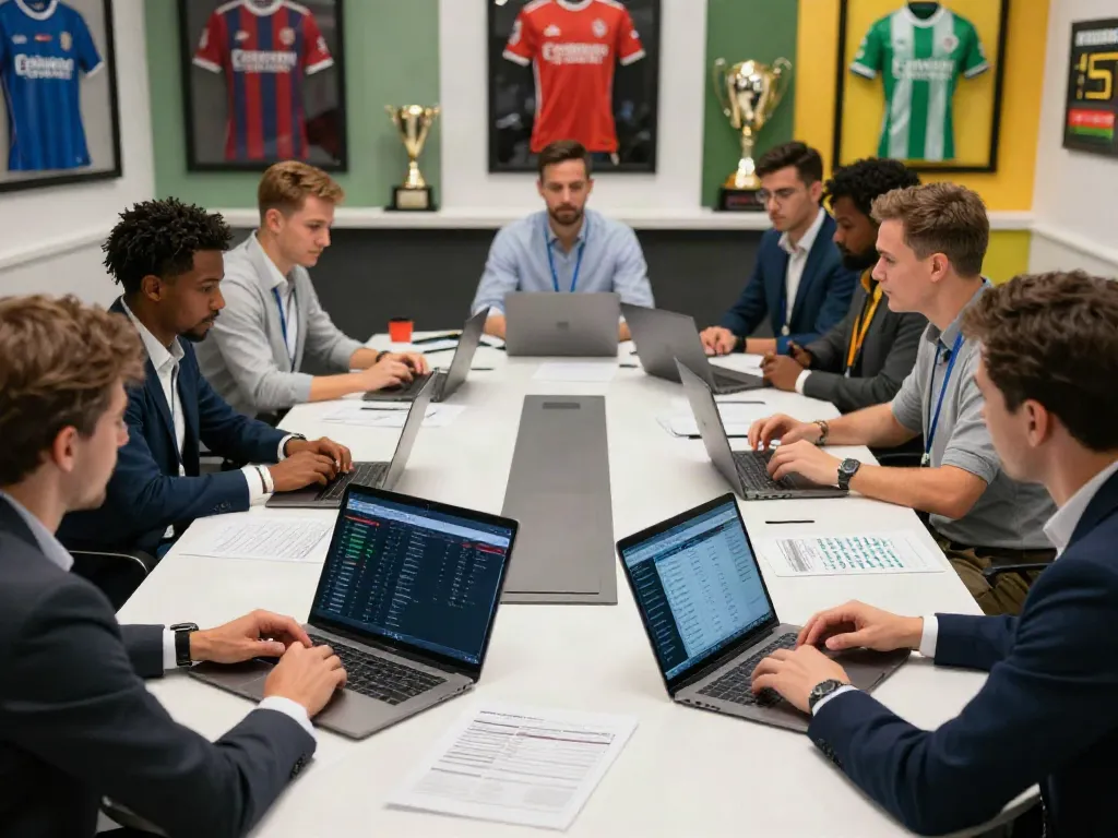 ข่าวซื้อขายนักเตะ analysts discussing football transfers in a vibrant conference room.