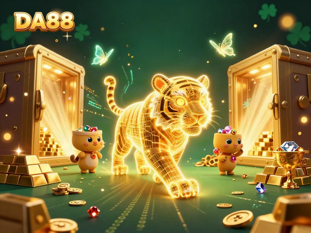 Experience winning at DA88 with a golden tiger in a vibrant casino landscape, surrounded by treasures.