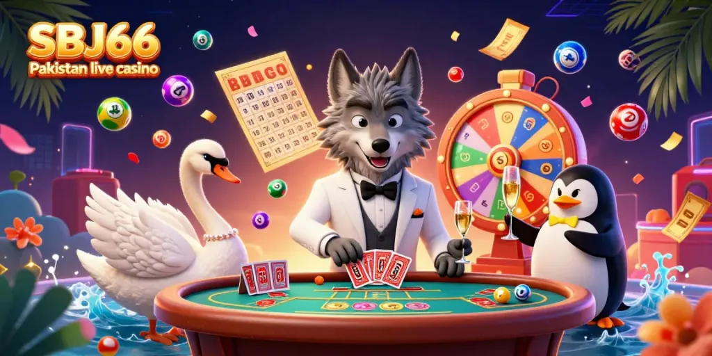 Engaging scene of SBJ66 Pakistan live casino featuring characters at a baccarat table with dynamic gambling elements.