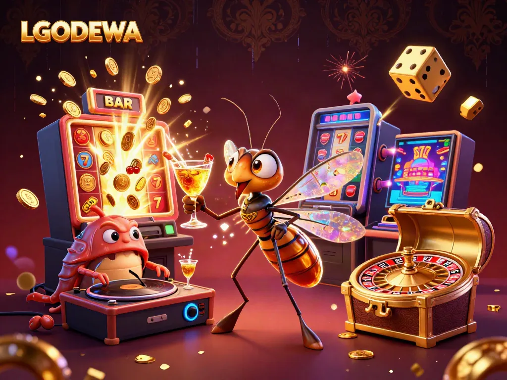 Experience LGODEWA with a dynamic casino setting showcasing vibrant colors, characters, and game elements.