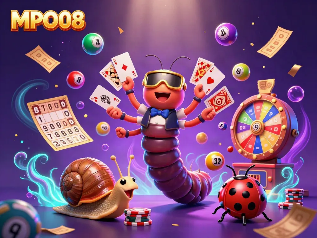 MPO08 card game scene with an animated millipede dealer showcasing colorful gambling elements.
