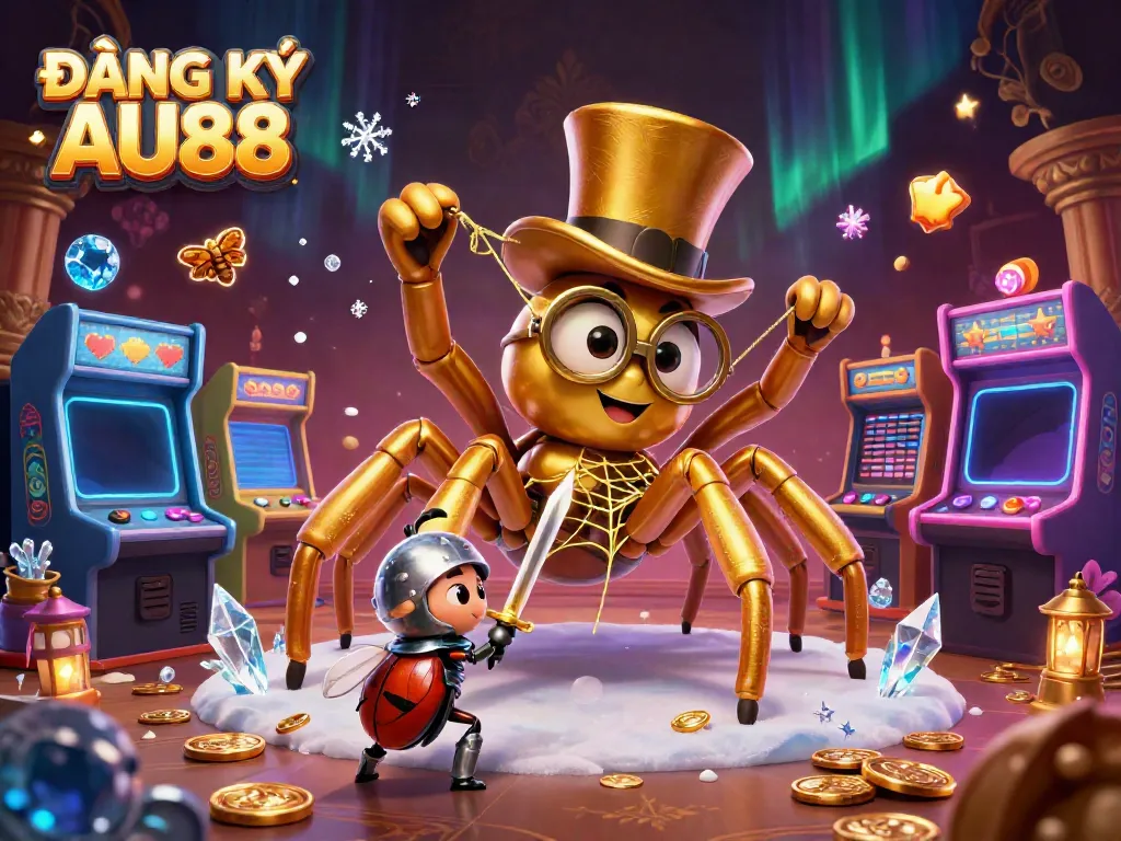 Engage with ĐĂNG KÝ AU88 in a vibrant casino adventure featuring a golden tarantula and dynamic game elements.