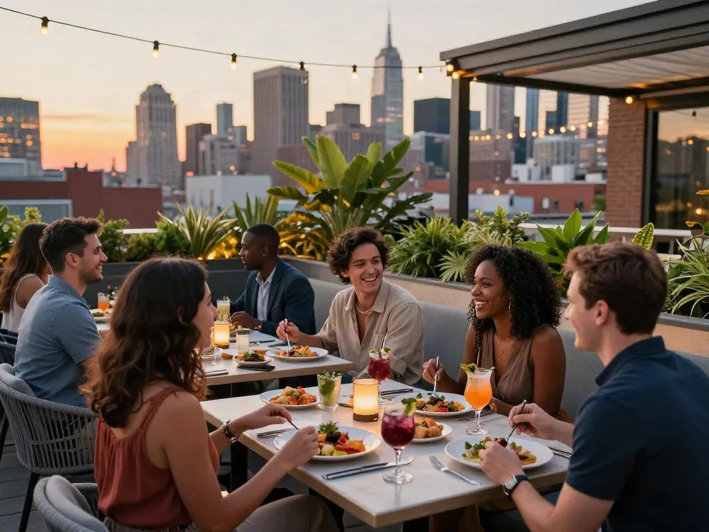 Nohu rooftop dining scene with skyline view and lively atmosphere