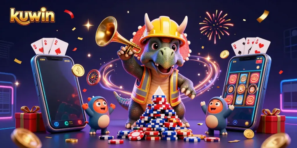 Kuwin showcases excitement with a triceratops building poker chips while celebrating with friends and casino games.