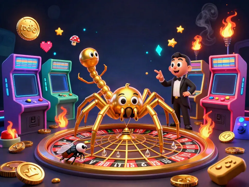 Casino-themed radio illustration featuring a golden spider and a fly betting on a roulette wheel.