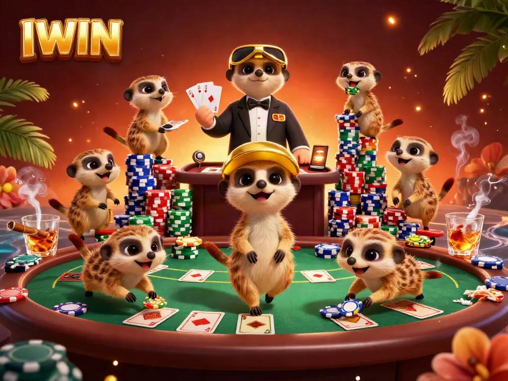 IWIN captures the thrill of a vibrant casino scene with meerkats engaged in poker and high stakes.