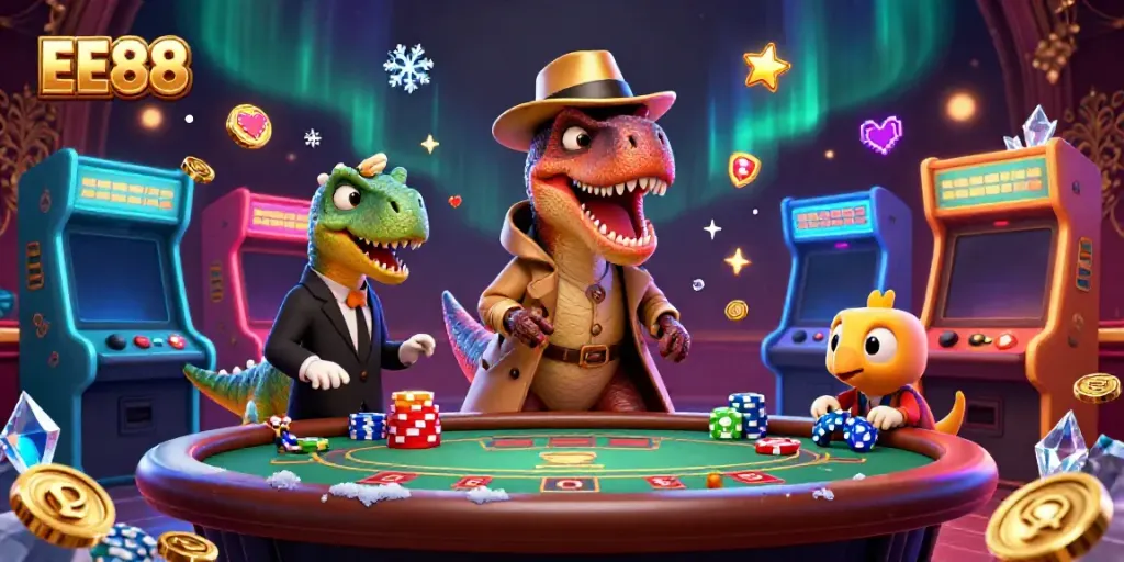 Experience thrilling blackjack gameplay with EE88 at a lively casino scene featuring animated characters.