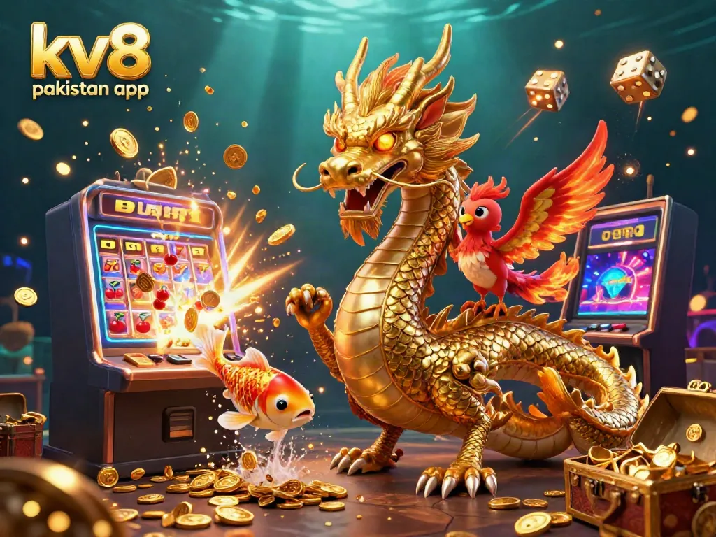 The kv8 pakistan app showcases casino excitement with a dragon, phoenix, and koi fish amidst gaming elements.