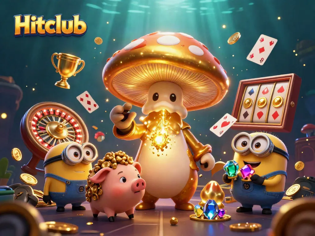 Engage with Hitclub's magical casino world, featuring a golden mushroom wizard, lively game elements, and treasure.