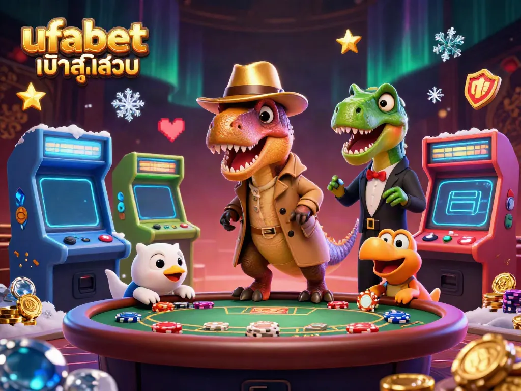 Experience the excitement of ufabet เข้าสู่ระบบ with a cartoon velociraptor card counter at a blackjack table, dynamic gaming elements around.
