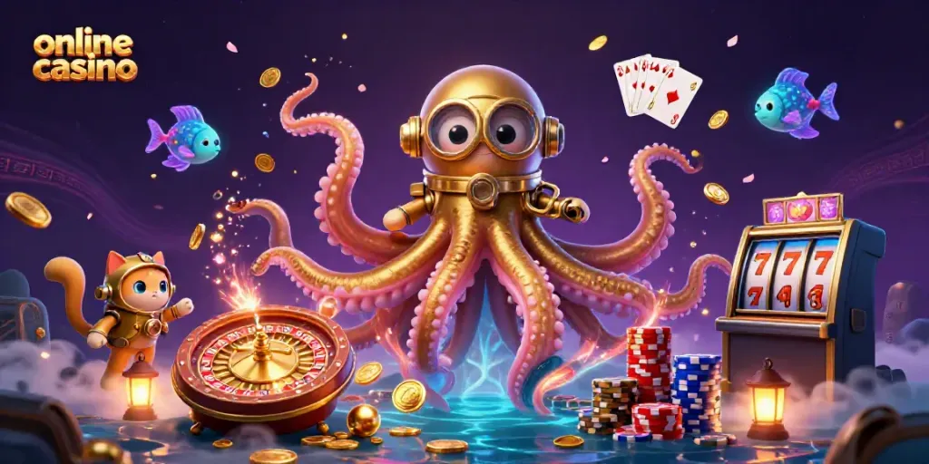 Experience an online casino adventure with a colossal kraken, diving cat, and shining treasures.