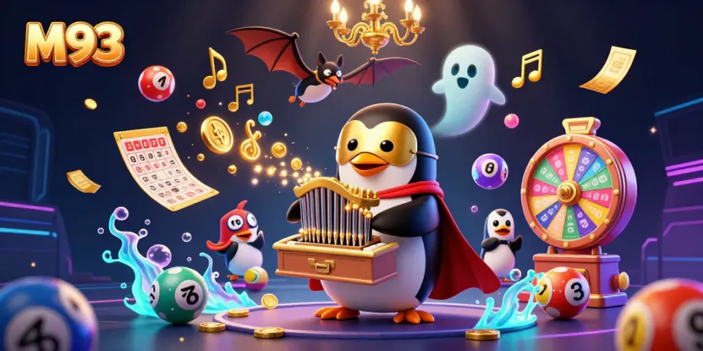 Engage in M93 casino fun with vibrant lottery games featuring penguin, acrobat, and golden coins.