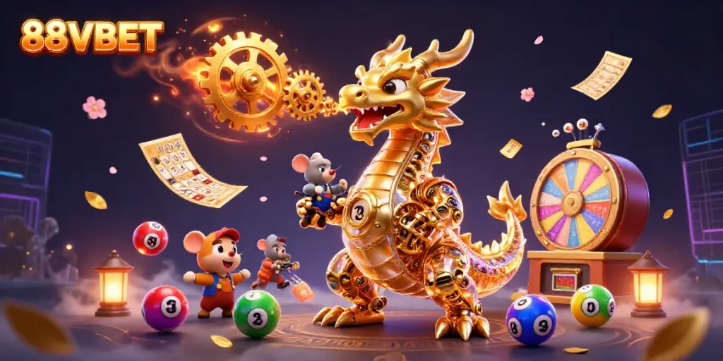 Experience exciting gameplay with the 88VBET dragon surrounded by dynamic lottery elements.
