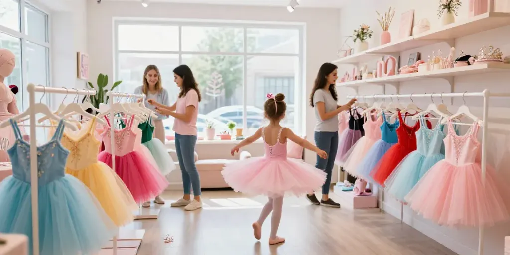 Tutu store featuring colorful tutus and a young girl twirling in a joyful shopping environment.
