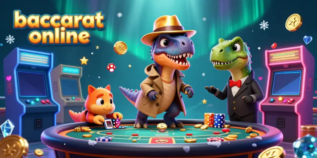 Experience baccarat online action with a velociraptor card counter in a casino scene.
