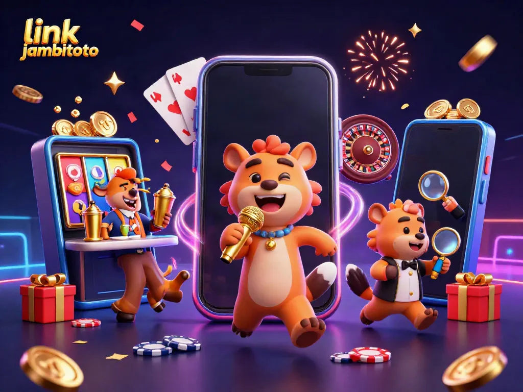 Link jambitoto offers a vibrant 3D illustration of hyenas in a casino setting, showcasing fun and excitement.